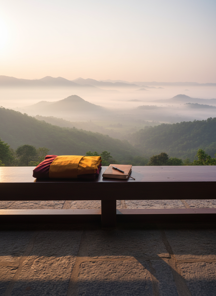 A quiet temple veranda overlooking misty green hills at dawn, photographed in realistic detail. In the foreground, a polished wooden railing holds a carefully folded maroon and saffron robe set, a closed notebook, and a pen, symbolizing a monk reflecting and writing without showing the person. Pale pink and gold morning light glows on the horizon, filtering through light fog and casting long, soft shadows across the stone floor. Shot with a wide-angle lens, the composition leads the eye from the symbolic teaching objects to the distant landscape, evoking introspection, gentleness, and the meeting of ancient Buddhist wisdom with modern reflective practice.
