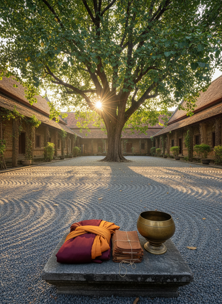 A tranquil monastery courtyard with carefully raked gravel paths leading toward a central Bodhi tree, its broad leaves casting dappled shade over a stone platform. On the platform lies an empty folded robe set in deep maroon and light saffron, beside a small stack of worn Buddhist texts and a brass alms bowl, suggesting a monk’s ongoing practice and teaching without depicting a figure. Late afternoon golden light filters through the leaves, creating intricate shadow patterns on the ground. Photographic realism, wide-angle composition with sharp focus throughout, capturing the peaceful, contemplative atmosphere and timeless continuity of Theravāda tradition and compassion.