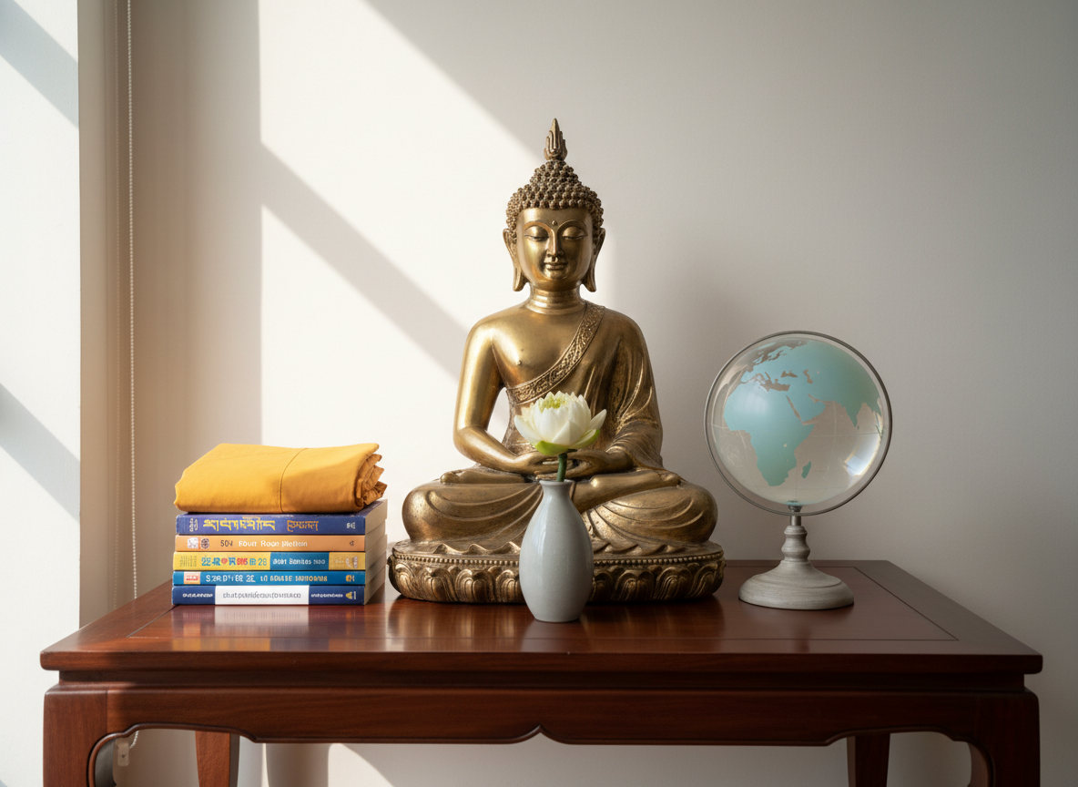A contemplative study of compassion symbolized in objects: a low altar table with a serene Buddha statue, a glass globe showing continents in soft blues and greens, and a neatly folded saffron robe laid beside a stack of multilingual Buddhist texts, all arranged with precise symmetry. A single white lotus in a small ceramic vase sits in front of the globe. Gentle natural light from a nearby window creates subtle highlights on the globe’s curves and the statue’s features, with soft shadows enhancing depth. Photographic realism, slightly elevated angle, and clean, uncluttered background convey a professional, scholarly mood focused on global peace, interconnection, and the spread of understanding.