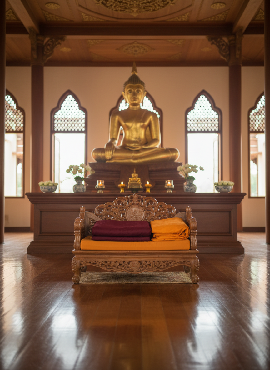 A polished wooden Dhamma hall interior with a simple, gracefully carved empty meditation seat draped in folded maroon and saffron robes, symbolizing a Theravāda monk-teacher’s presence without depicting a person. The seat is placed before a serene golden Buddha statue on a raised platform, flanked by small flower offerings and candles. Soft morning light filters through high lattice windows, creating gentle highlights on the robes’ fabric folds and warm reflections on the wood floor. Photographic realism at eye level with a centered, balanced composition and shallow depth of field, conveying peaceful authority, compassion, and contemplative stillness suitable for a professional Buddhist teacher’s homepage banner.