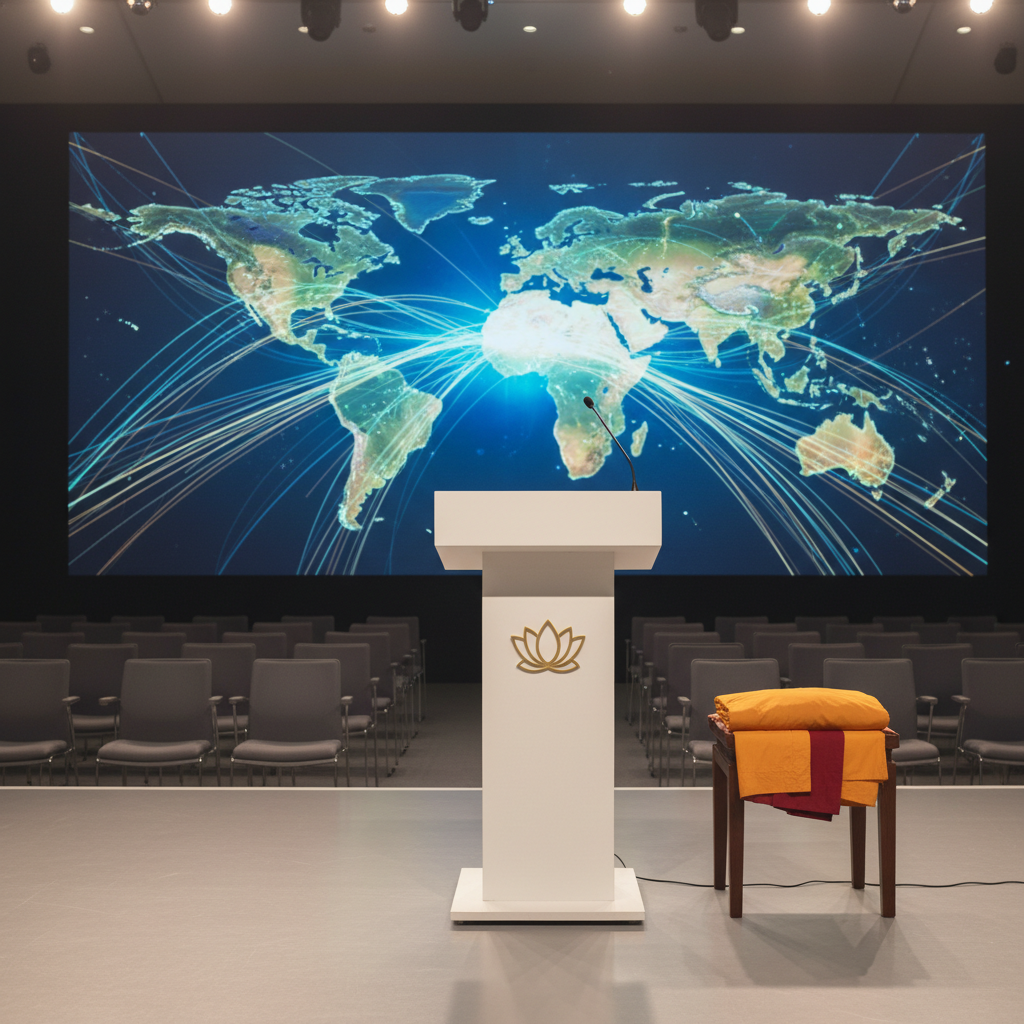 A modern international conference setting represented without people: a sleek podium with a small lotus emblem, a microphone, and a neatly folded saffron and maroon robe set placed respectfully on the side, symbolizing a monk speaker. Behind, a large projection screen displays an abstract world map made of soft, glowing lines, suggesting global peace and understanding without readable text. Subtle spotlights create a professional, well-lit stage with gentle reflections on the polished floor. Photographic realism from a slightly low angle, emphasizing the podium and robes in the foreground while rows of empty, evenly arranged chairs recede into soft focus, conveying professionalism, dialogue, and interfaith harmony.