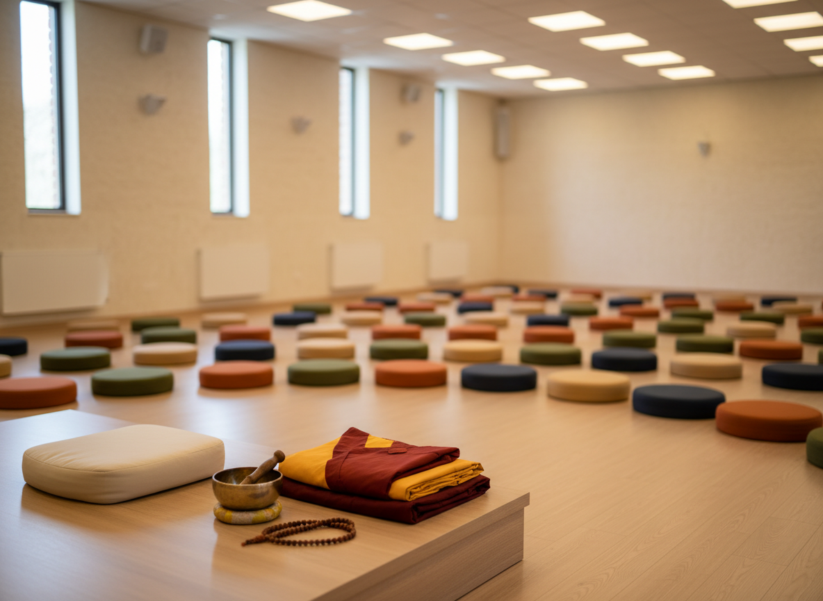 A serene meditation room designed for teaching mindfulness to a diverse global community, shown without people. Cushions of varied but harmonious earth tones are neatly arranged in concentric rows facing a simple raised platform. On the platform: an empty meditation cushion, a folded maroon and saffron robe set, a small bronze bell, and a wooden mala. Warm, diffused overhead lighting and subtle daylight from high windows create a soft, inviting glow. Photographic realism at eye level, using the rule of thirds to place the platform slightly off-center, with gentle depth of field. The atmosphere is inclusive, peaceful, and disciplined, suitable for illustrating Buddhist education and compassion in practice.