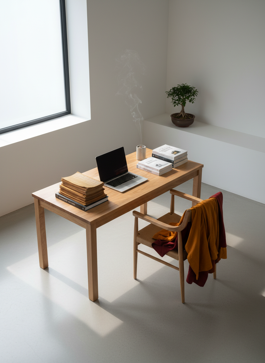 An open, minimalist study space with a low wooden desk neatly arranged with Pali scriptures, academic books on Buddhism and peace studies, a laptop, and a simple incense holder with a trailing wisp of smoke. A neatly folded set of saffron and maroon monastic robes rests on the back of a plain wooden chair, indicating a scholar-monk’s presence without showing a person. Diffused daylight from a large side window bathes the scene in soft, even illumination, casting delicate shadows. Captured in photographic realism from a slightly elevated angle with clean lines, ample negative space, and a calm, focused mood that reflects research, teaching, and global understanding.