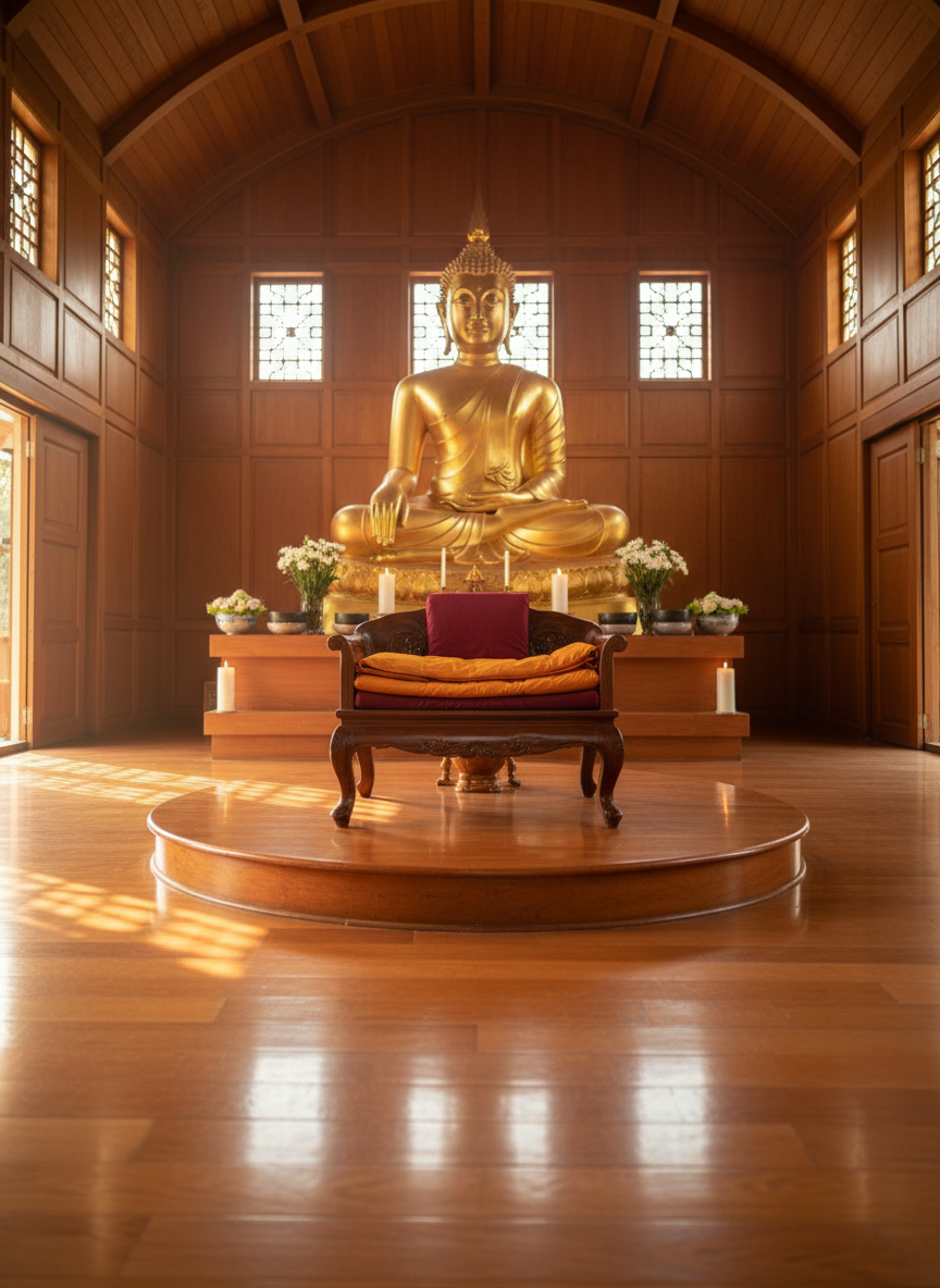 A polished wooden Dhamma hall interior with a simple, gracefully carved empty meditation seat draped in folded maroon and saffron robes, symbolizing a Theravāda monk-teacher’s presence without depicting a person. The seat is placed before a serene golden Buddha statue on a raised platform, flanked by small flower offerings and candles. Soft morning light filters through high lattice windows, creating gentle highlights on the robes’ fabric folds and warm reflections on the wood floor. Photographic realism at eye level with a centered, balanced composition and shallow depth of field, conveying peaceful authority, compassion, and contemplative stillness suitable for a professional Buddhist teacher’s homepage banner.